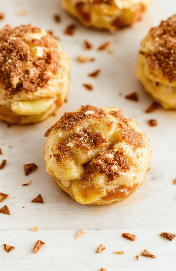 Close-up of golden-brown Air Fryer Apple Pie Bombs arranged on a white plate with a light cinnamon dusting. The flaky crescent crust wraps a warm cinnamon apple filling, with a glossy shine from a light caramel glaze. The plating is simple and rustic, with a soft shadow and a hint of autumn ambience.