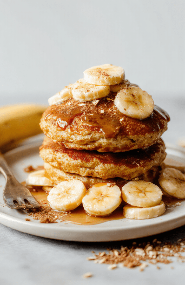 A stack of fluffy banana oatmeal pancakes on a white plate, topped with banana slices and a light drizzle of maple syrup. The plate sits on a light wooden table with a sprinkle of oats and a cinnamon dusting, evoking a cozy, wholesome breakfast vibe with warm, natural lighting and soft shadows.
