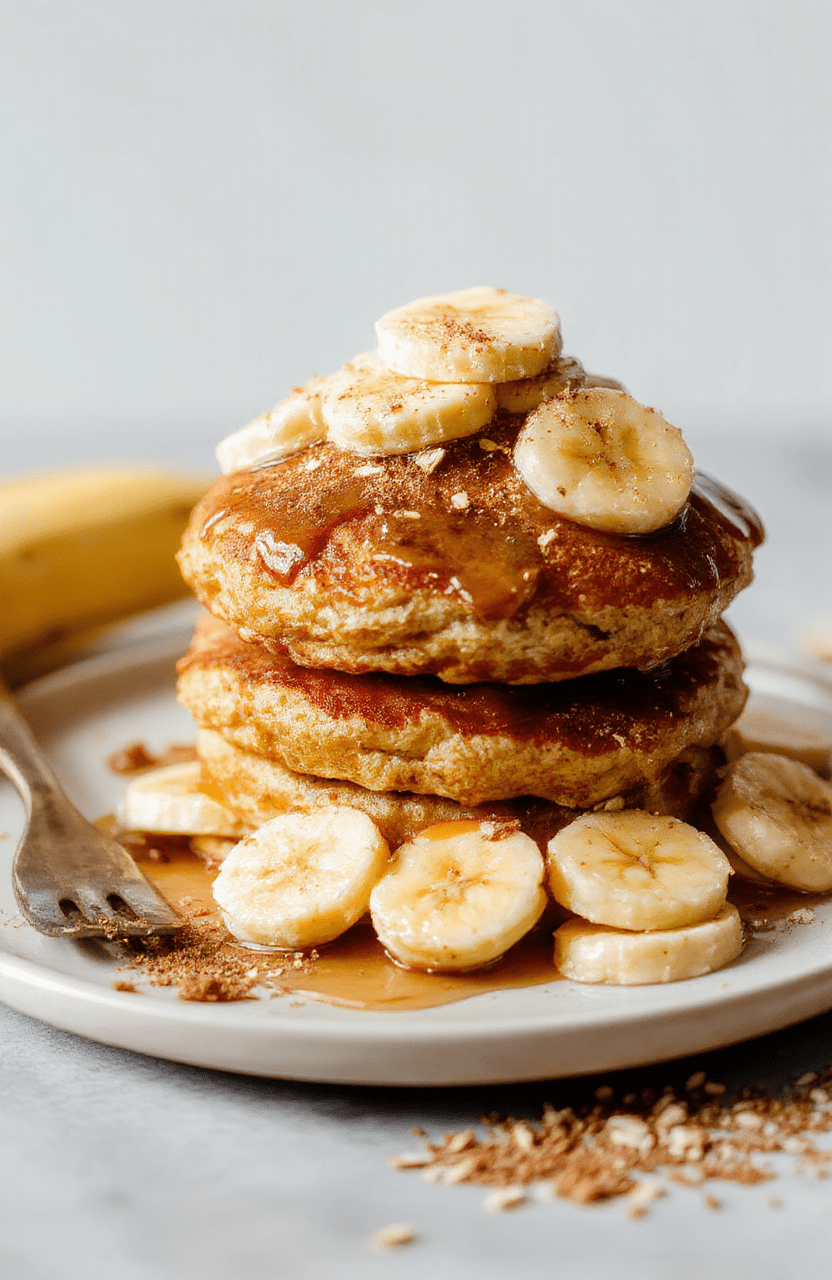 A stack of fluffy banana oatmeal pancakes on a white plate, topped with banana slices and a light drizzle of maple syrup. The plate sits on a light wooden table with a sprinkle of oats and a cinnamon dusting, evoking a cozy, wholesome breakfast vibe with warm, natural lighting and soft shadows.