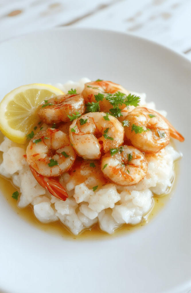 Plate of golden buttery garlic shrimp arranged atop fluffy white rice, vibrant green parsley, lemon wedges, and a glossy garlic butter sauce, with cracked pepper on a light wooden table.
