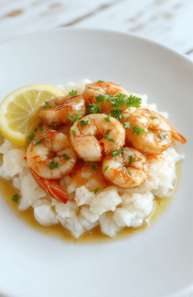 Plate of golden buttery garlic shrimp arranged atop fluffy white rice, vibrant green parsley, lemon wedges, and a glossy garlic butter sauce, with cracked pepper on a light wooden table.