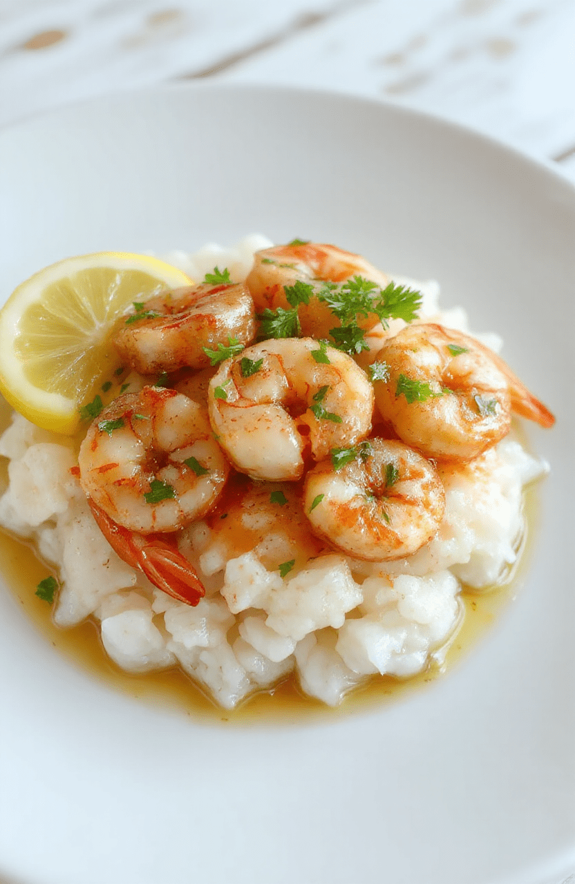 Plate of golden buttery garlic shrimp arranged atop fluffy white rice, vibrant green parsley, lemon wedges, and a glossy garlic butter sauce, with cracked pepper on a light wooden table.
