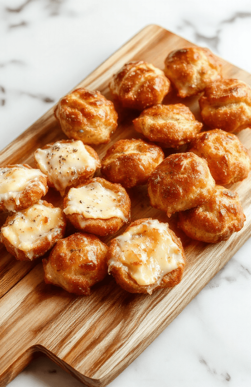 Golden brown buttery pretzel bites sprinkled with coarse salt, arranged on a parchment-lined wooden board. Chewy centers glow through a few opened bites, with a glossy butter glaze and a hint of salt. Nearby, dipping bowls of mustard and cheese dip add color and contrast on a rustic surface.