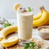 A creamy pale yellow banana chamomile smoothie in a tall glass with a banana slice garnish and a chamomile flower on top. The glass sits on a light wooden board with a small jar of oats and a sprig of mint in soft natural daylight. The texture looks silky with a slight foam, inviting a cozy breakfast or nighttime drink.