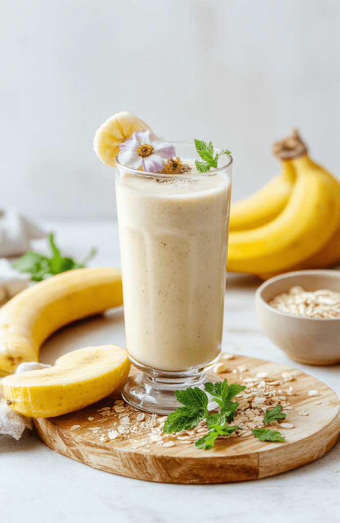 A creamy pale yellow banana chamomile smoothie in a tall glass with a banana slice garnish and a chamomile flower on top. The glass sits on a light wooden board with a small jar of oats and a sprig of mint in soft natural daylight. The texture looks silky with a slight foam, inviting a cozy breakfast or nighttime drink.