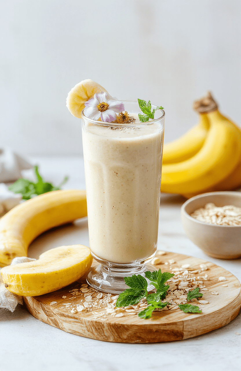 A creamy pale yellow banana chamomile smoothie in a tall glass with a banana slice garnish and a chamomile flower on top. The glass sits on a light wooden board with a small jar of oats and a sprig of mint in soft natural daylight. The texture looks silky with a slight foam, inviting a cozy breakfast or nighttime drink.