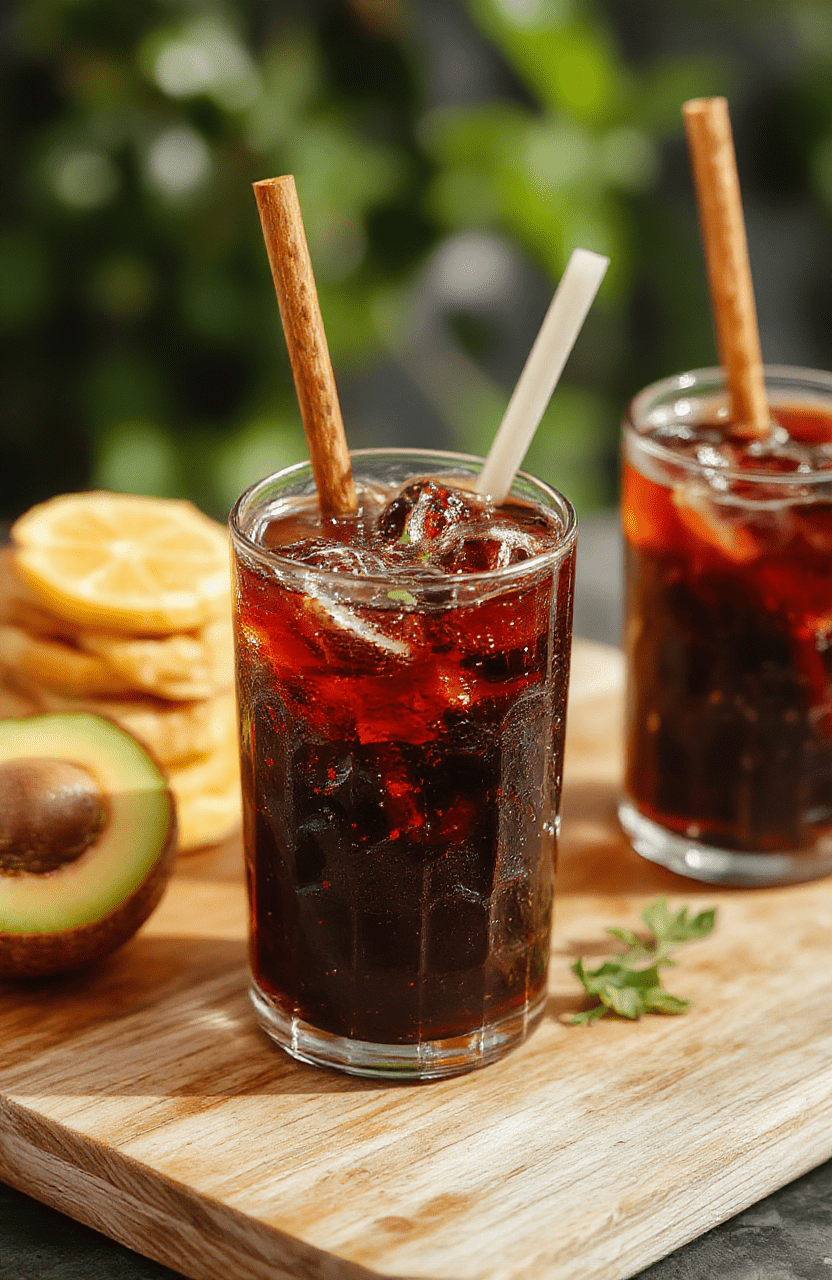 A tall chilled glass of campfire cola dirty soda with smoky caramel color, topped with foamy vanilla cream, swirls of cola, ice cubes, and a bright maraschino cherry; garnished with a lime wedge on a rustic wooden table, with a soft, cozy campfire vibe.