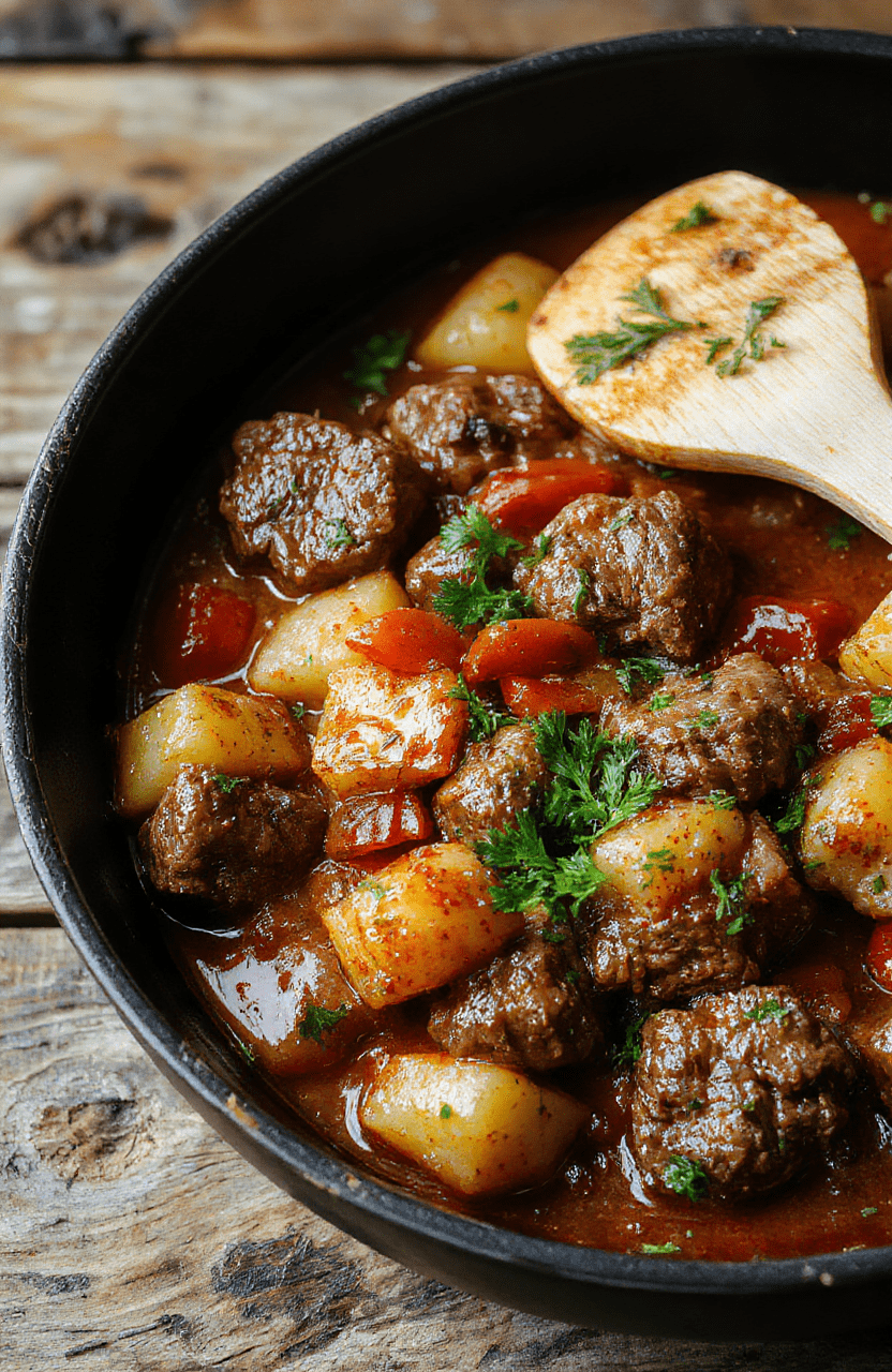 A rustic skillet filled with browned beef chunks, golden potato cubes, onion and red bell pepper in a glossy tomato broth, garnished with chopped parsley. The pan rests on a wooden table with a light olive oil drizzle and a pinch of paprika, exuding cozy home-cooked comfort.