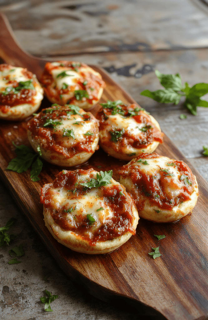 Golden, bubbly mini pizzas on a wooden board with fresh basil, melted mozzarella, and pepperoni peeking through. The crusts are crisp at the edges, sauce shines, and a light drizzle of olive oil glistens under warm lighting.