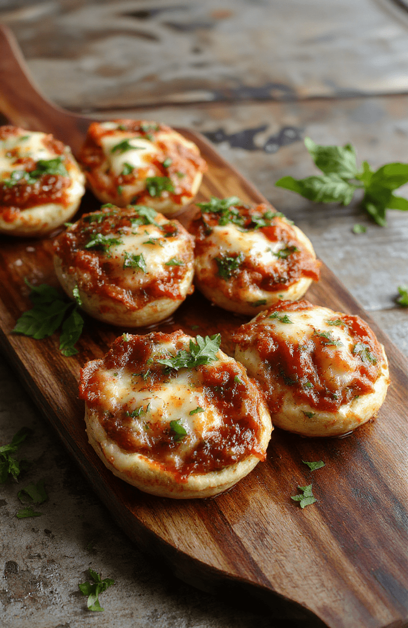 Golden, bubbly mini pizzas on a wooden board with fresh basil, melted mozzarella, and pepperoni peeking through. The crusts are crisp at the edges, sauce shines, and a light drizzle of olive oil glistens under warm lighting.