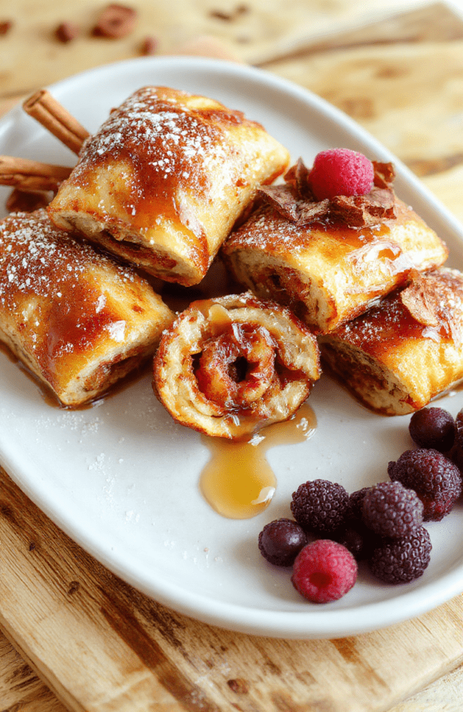 Close-up of Crispy Cinnamon French Toast Roll-Ups arranged on a white plate, sliced to reveal a cinnamon-sugar filling. The rolls are golden-brown and crispy at the edges with a glossy maple syrup drizzle, a dusting of powdered sugar, and a light cinnamon aroma. Garnished with a few berries and a warm mug of coffee on a rustic wooden board.