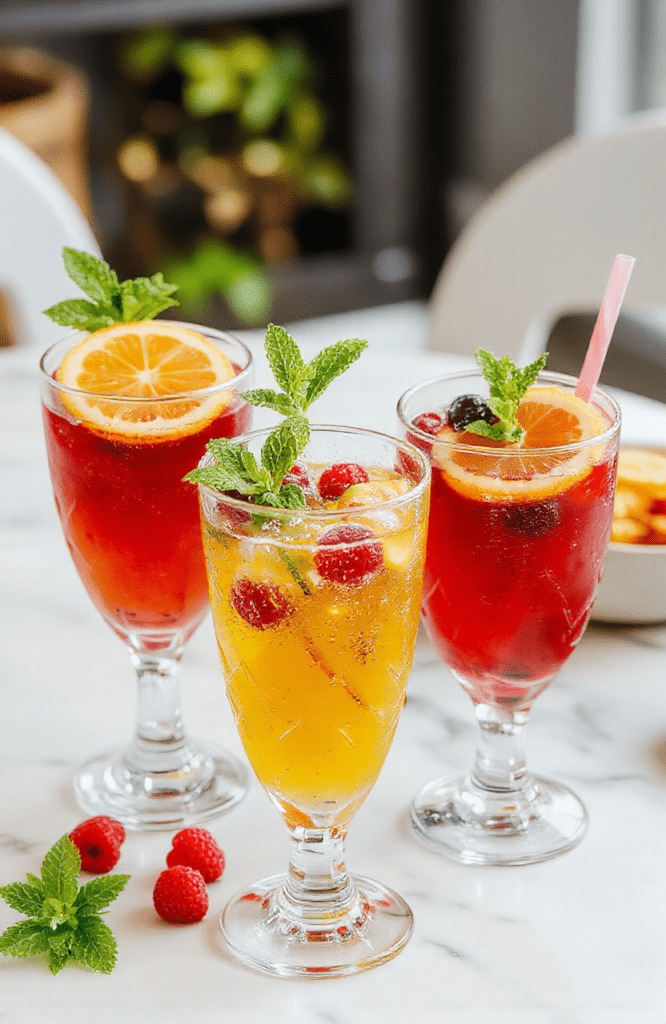 A colorful assortment of kids mocktails in clear glasses, layered fruit juices, mint leaves, ice, and fresh fruit slices on a bright party table; vivid pink, orange, and yellow drinks; playful straws and citrus wheels create a festive, family-friendly vibe.