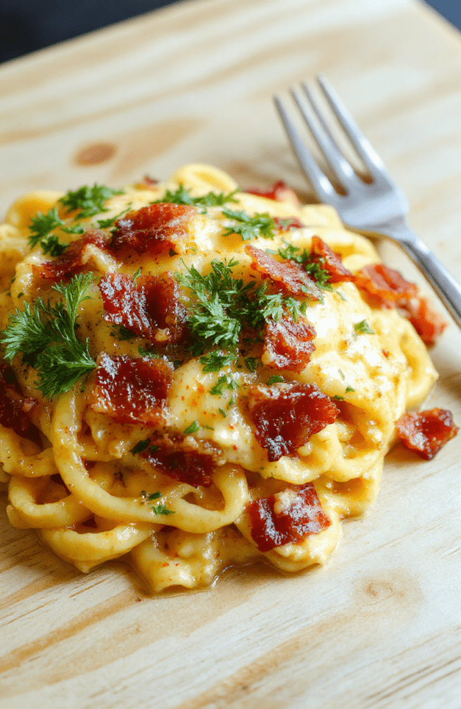Creamy Bacon Carbonara plated in a shallow white bowl on a light wood surface. Silky pale-yellow sauce clings to al dente spaghetti, crispy bacon bits, parmesan shavings, cracked black pepper, and a sprig of parsley for color.
