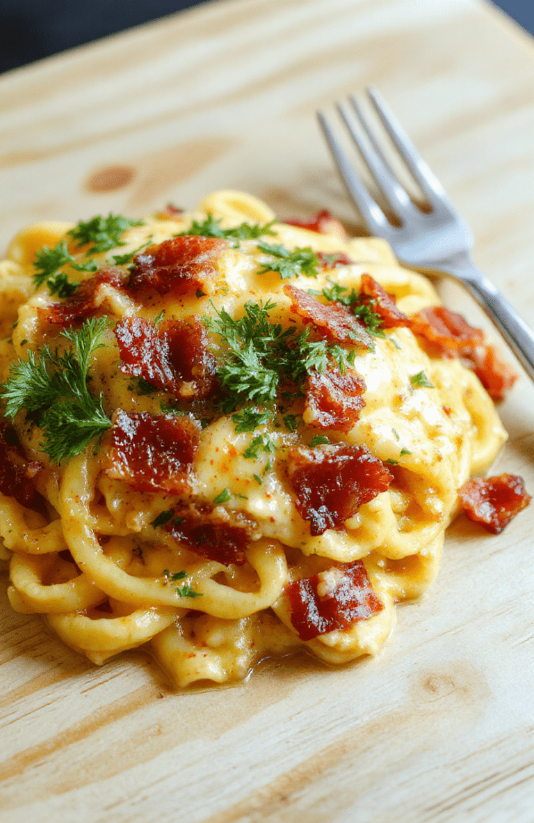 Creamy Bacon Carbonara plated in a shallow white bowl on a light wood surface. Silky pale-yellow sauce clings to al dente spaghetti, crispy bacon bits, parmesan shavings, cracked black pepper, and a sprig of parsley for color.