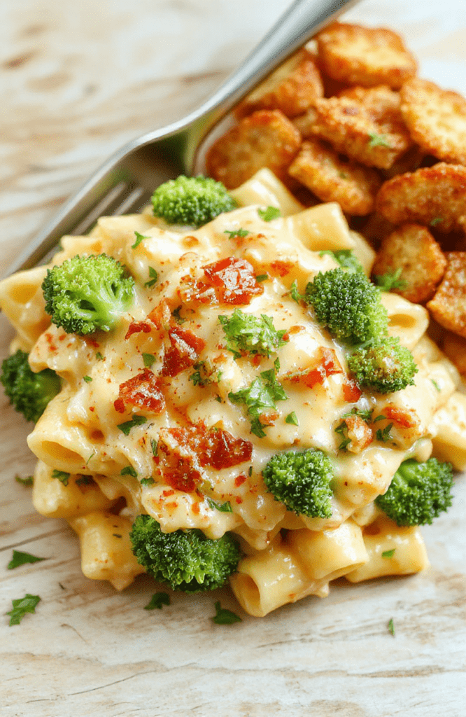 A bright plate of creamy broccoli cheese pasta sits atop a rustic wooden table. Tender penne is coated in a glossy cheese sauce, emerald broccoli florets add color, and a shower of Parmesan grates over the top. The dish is garnished with cracked black pepper and a hint of red chili flakes for a touch of heat, with a side of crusty bread and a lemon wedge for brightness.