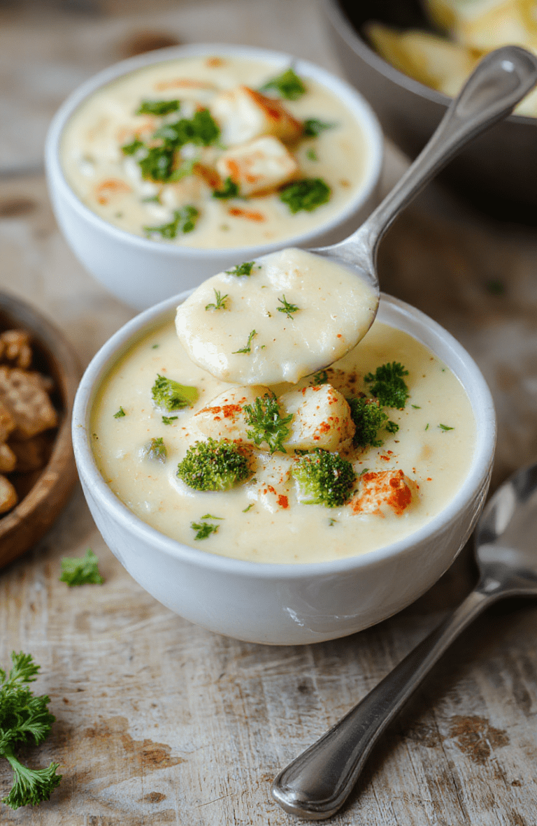A steaming bowl of creamy broccoli potato cheese soup sits on a rustic light oak table. The soup is pale green with flecks of broccoli and melted cheddar, sprinkled with fresh chives. A swirl of cream adds marbling, with crusty bread on the side and a peppery black pepper grind.