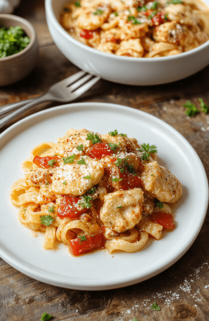 A white plate of creamy Cajun chicken rotini with tender chicken pieces, colorful bell peppers, and al dente pasta, topped with grated parmesan and fresh parsley. The sauce is silky and coats every strand of pasta; a warm, rustic wooden table and soft lighting set a cozy weeknight mood.