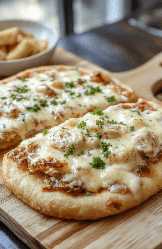 A rustic Creamy Chicken Alfredo Pizza sits on a light maple wooden board. The golden crust is crisp at the edges, topped with a glossy white Alfredo sauce, shredded chicken, wilted spinach, and melted mozzarella. A light sprinkle of parmesan and a basil leaf add color, while a subtle drizzle of olive oil and pepper flakes hint at depth. The scene is warm, inviting, and homey with soft shadows and natural kitchen lighting.
