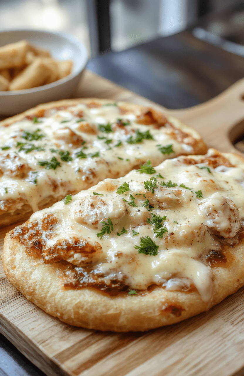 A rustic Creamy Chicken Alfredo Pizza sits on a light maple wooden board. The golden crust is crisp at the edges, topped with a glossy white Alfredo sauce, shredded chicken, wilted spinach, and melted mozzarella. A light sprinkle of parmesan and a basil leaf add color, while a subtle drizzle of olive oil and pepper flakes hint at depth. The scene is warm, inviting, and homey with soft shadows and natural kitchen lighting.
