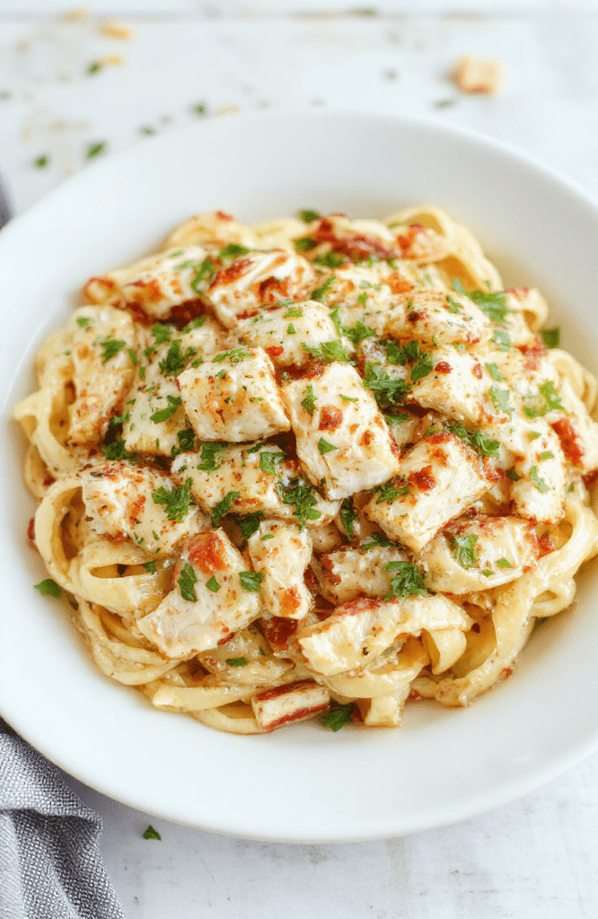 A creamy chicken caesar pasta salad in a clear glass bowl on a light wooden board. The pasta is coated in a pale Caesar dressing with slices of grilled chicken, crisp romaine, shaved parmesan, cherry tomatoes, and a sprinkle of cracked black pepper. The dish is styled simply with lemon wedges and a few greens for color, with a sunny, inviting look.