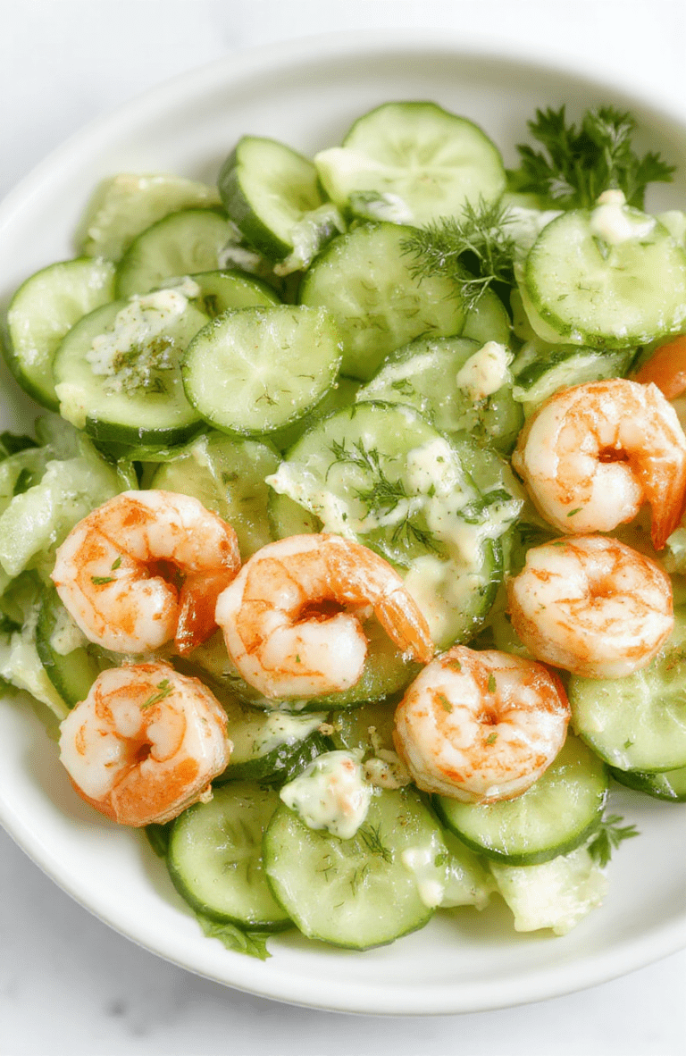 A vibrant bowl of Fresh Creamy Cucumber Shrimp Salad featuring pink shrimp, crisp cucumber ribbons, and a creamy dill dressing, sprinkled with fresh dill, served on a white plate with lemon wedges.