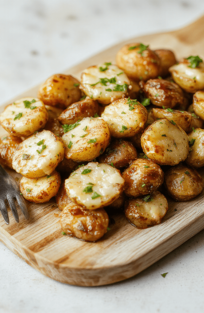 Creamy garlic baby potatoes arranged on a white plate with a glossy butter-garlic sauce, sprinkled with parsley. The potatoes are halved, showing tender, creamy centers and slightly crisp edges. They sit on a warm wooden surface with a small bowl of fresh parsley in the background, creating a cozy, inviting look.