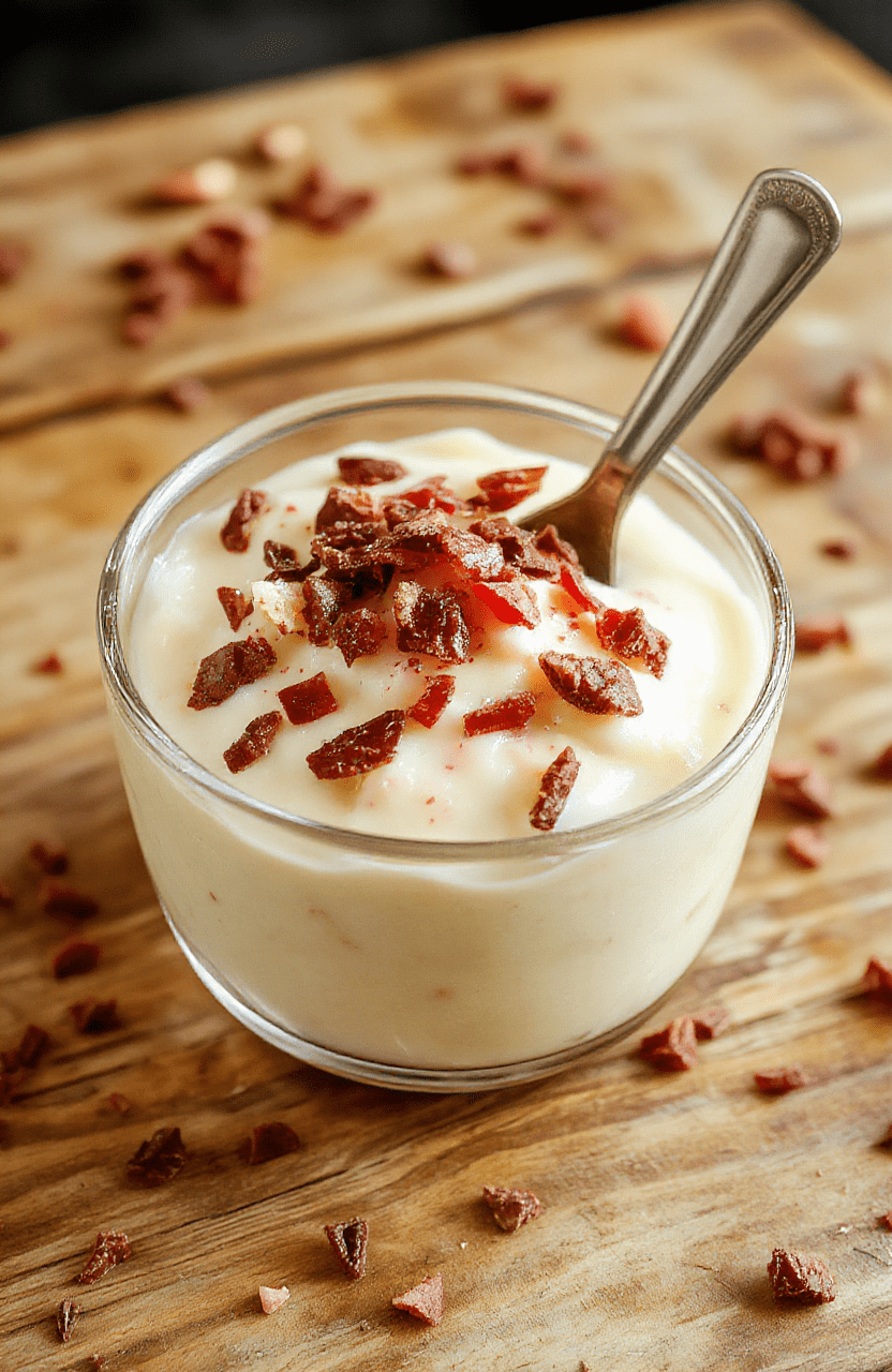 A glass jar of creamy pudding topped with fresh berries and a sprinkle of chia seeds sits on a light wooden board. The pudding has a velvety smooth surface with a glossy sheen, and a delicate drizzle of cocoa adds a rich accent. The setting is clean and bright, with natural daylight highlighting the thickness and soft texture of the pudding.