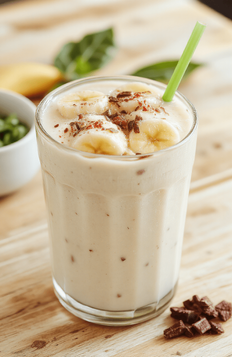A frothy pale yellow banana milk in a tall clear glass on a light wooden table, sliced banana and a drizzle of condensed milk on the side, a pinch of cinnamon, a mint leaf for color, and a small glass of water in the background; clean, comforting, modern presentation.