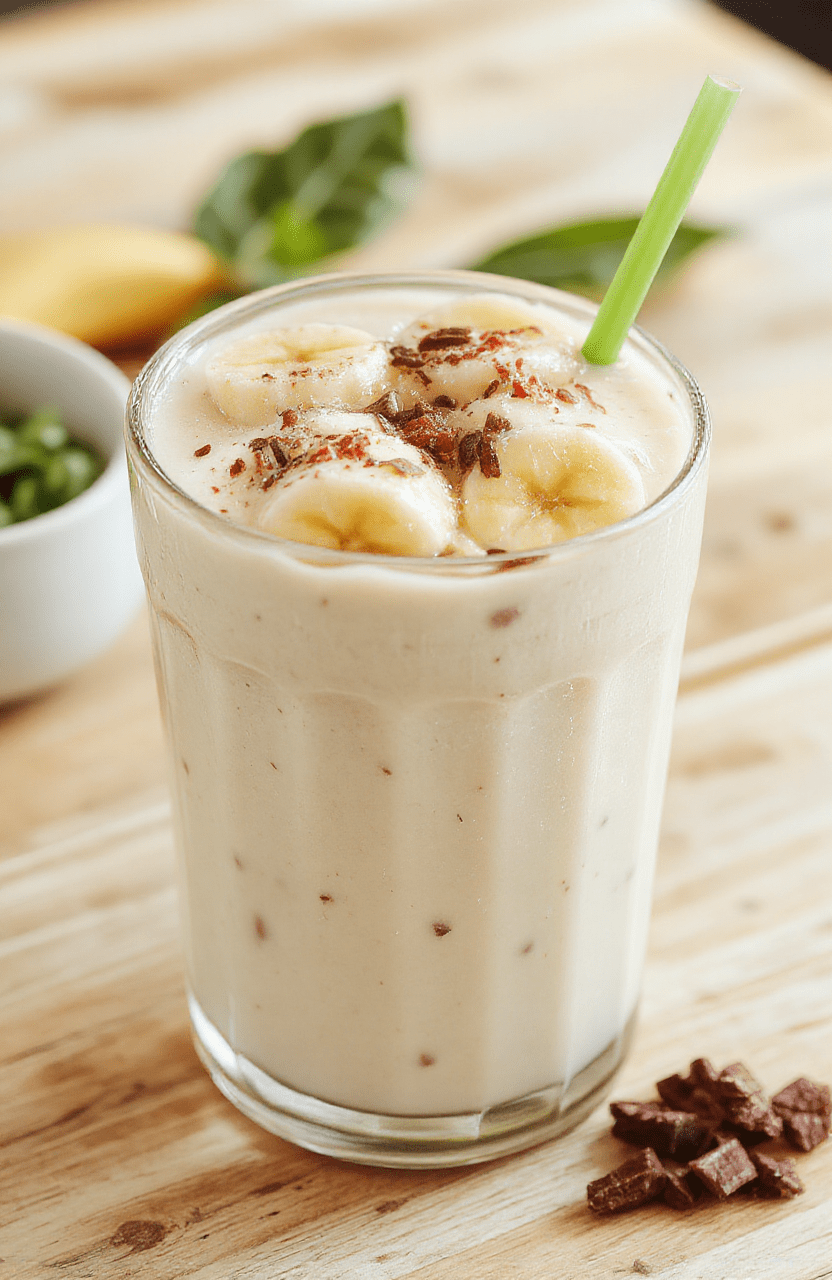 A frothy pale yellow banana milk in a tall clear glass on a light wooden table, sliced banana and a drizzle of condensed milk on the side, a pinch of cinnamon, a mint leaf for color, and a small glass of water in the background; clean, comforting, modern presentation.