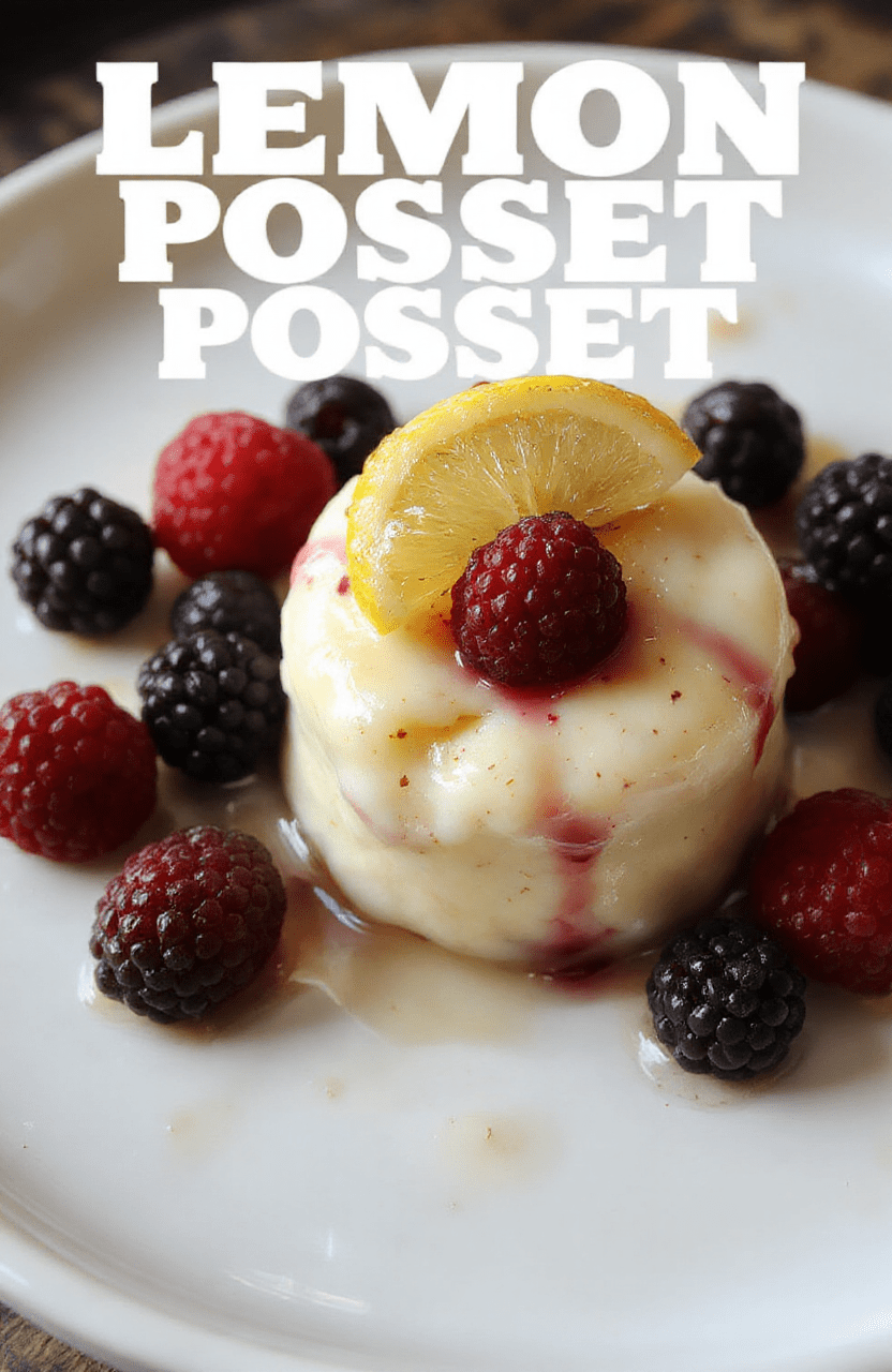 A silky lemon posset set in small glass jars, pale yellow and glossy, garnished with a thin lemon twist and berries. The jars sit on a marble board with a sprig of mint, soft natural light highlights the smooth texture and delicate sheen of the dessert.
