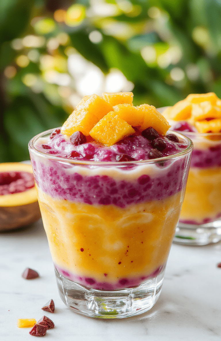 A creamy tropical dessert in a clear glass, layered mango puree and purple sweet potato sago pearls suspended in a silky coconut milk base. Topped with diced mango and a light dusting of coconut, the vibrant purple pearls contrast with bright orange mango against a sunny, tropical backdrop.