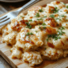 Golden casserole dish topped with melted cheese and breadcrumbs sits on a wooden table, steaming creamy chicken, noodles, mushrooms and peas visible, with a sprinkle of parsley for color.