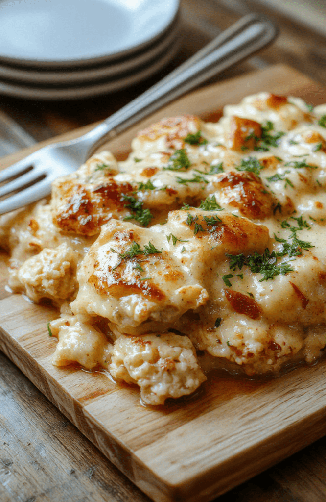 Golden casserole dish topped with melted cheese and breadcrumbs sits on a wooden table, steaming creamy chicken, noodles, mushrooms and peas visible, with a sprinkle of parsley for color.