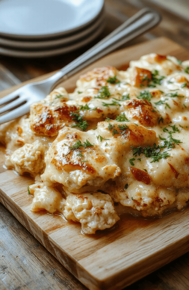 Golden casserole dish topped with melted cheese and breadcrumbs sits on a wooden table, steaming creamy chicken, noodles, mushrooms and peas visible, with a sprinkle of parsley for color.