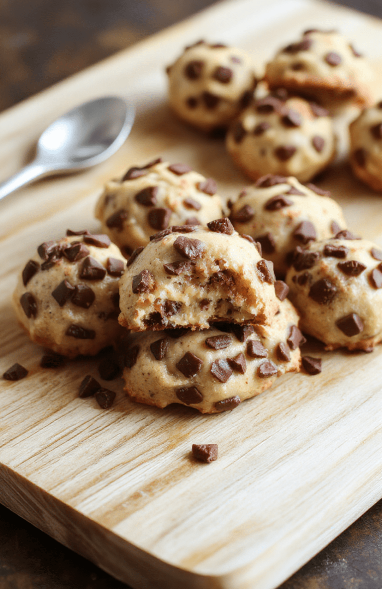 A close-up image of pale beige cookie dough bites rolled with mini chocolate chips on a white plate, arranged on a light wood board with a dusting of oats and a drizzle of melted chocolate in the background; simple, homey styling with natural daylight, inviting textures.