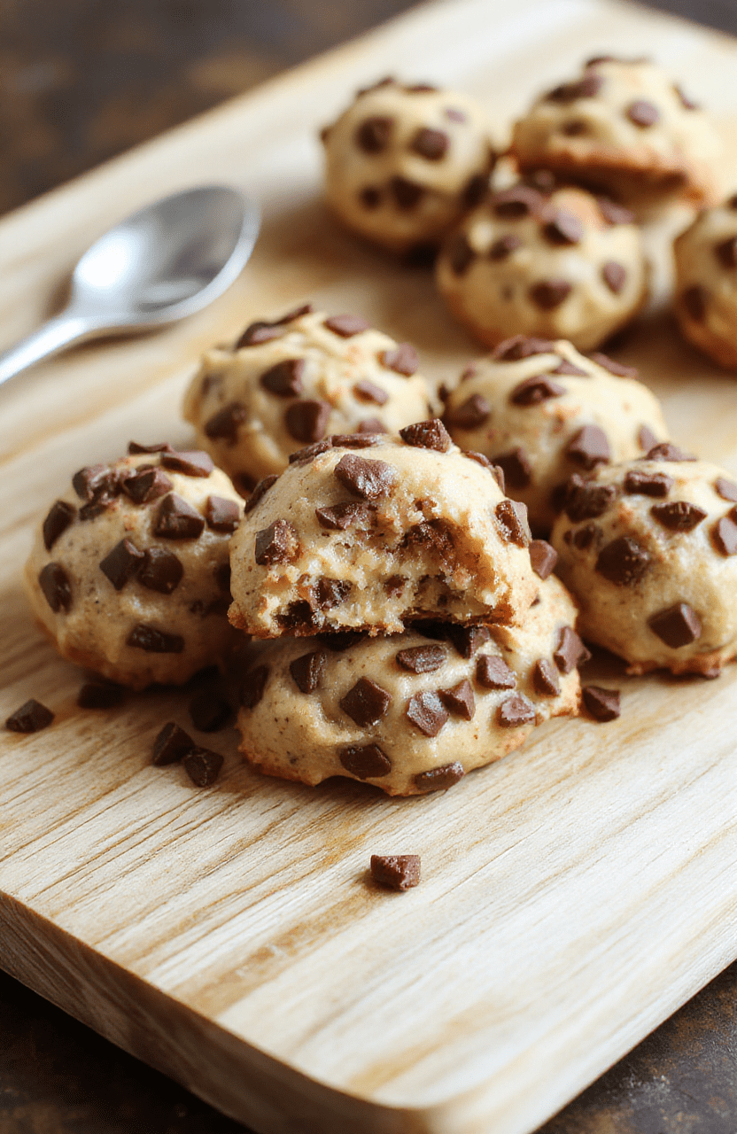 A close-up image of pale beige cookie dough bites rolled with mini chocolate chips on a white plate, arranged on a light wood board with a dusting of oats and a drizzle of melted chocolate in the background; simple, homey styling with natural daylight, inviting textures.
