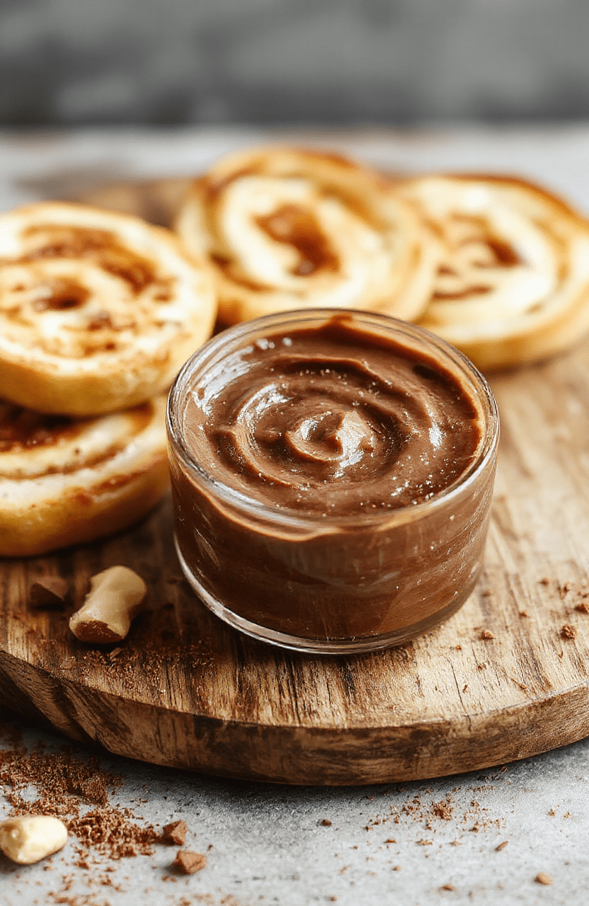 Silky chocolate hazelnut spread in a small glass jar with a spoon, a slice of toasted bread, roasted hazelnuts, and a cocoa dusting on a rustic wooden board, warm natural light, simple styling, rich dark brown color.