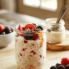 A jar of creamy overnight oats layered with yogurt, chia seeds, and fresh berries sits on a light wood table, topped with a few almond flakes and a mint leaf; soft morning light highlights the creamy texture and glossy berry colors.