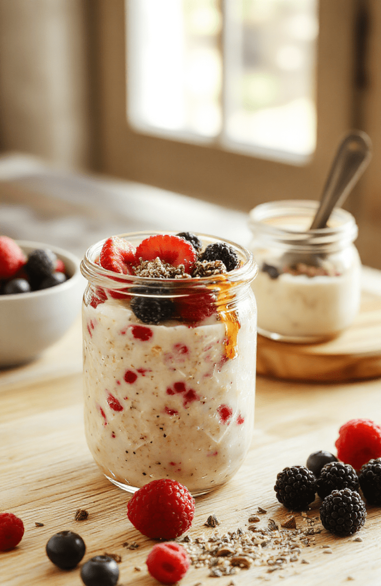 A jar of creamy overnight oats layered with yogurt, chia seeds, and fresh berries sits on a light wood table, topped with a few almond flakes and a mint leaf; soft morning light highlights the creamy texture and glossy berry colors.