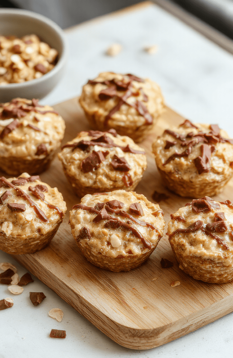 A close-up of creamy peanut butter oat cups set on a light marble countertop. The cups show a glossy peanut butter filling, oats visible, and a few chocolate chips sprinkled on top. They are arranged on parchment paper with a drizzle of honey and a rustic wooden background for a cozy, wholesome vibe.