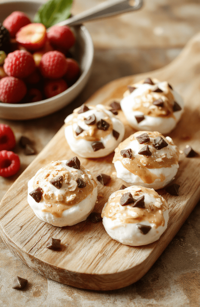 A close-up of creamy peanut butter yogurt bites on a white plate, swirled yogurt with peanut butter, sprinkled with crushed nuts and mini chocolate chips, a drizzle of honey, set on a light wooden board with fresh berries and mint; vibrant, fresh colors, rustic minimal styling, natural daylight.