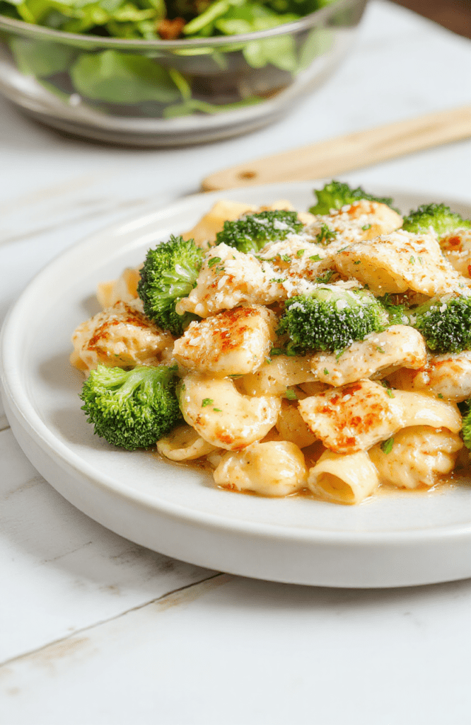 A skillet of creamy ranch chicken pasta with broccoli florets and bite-sized chicken rests on a light wooden surface. The sauce coats al dente pasta in a pale, glossy cream, parmesan flecks sparkle, and the broccoli provides bright green contrast. The dish is plated simply with a dusting of pepper and a hint of parsley for color.