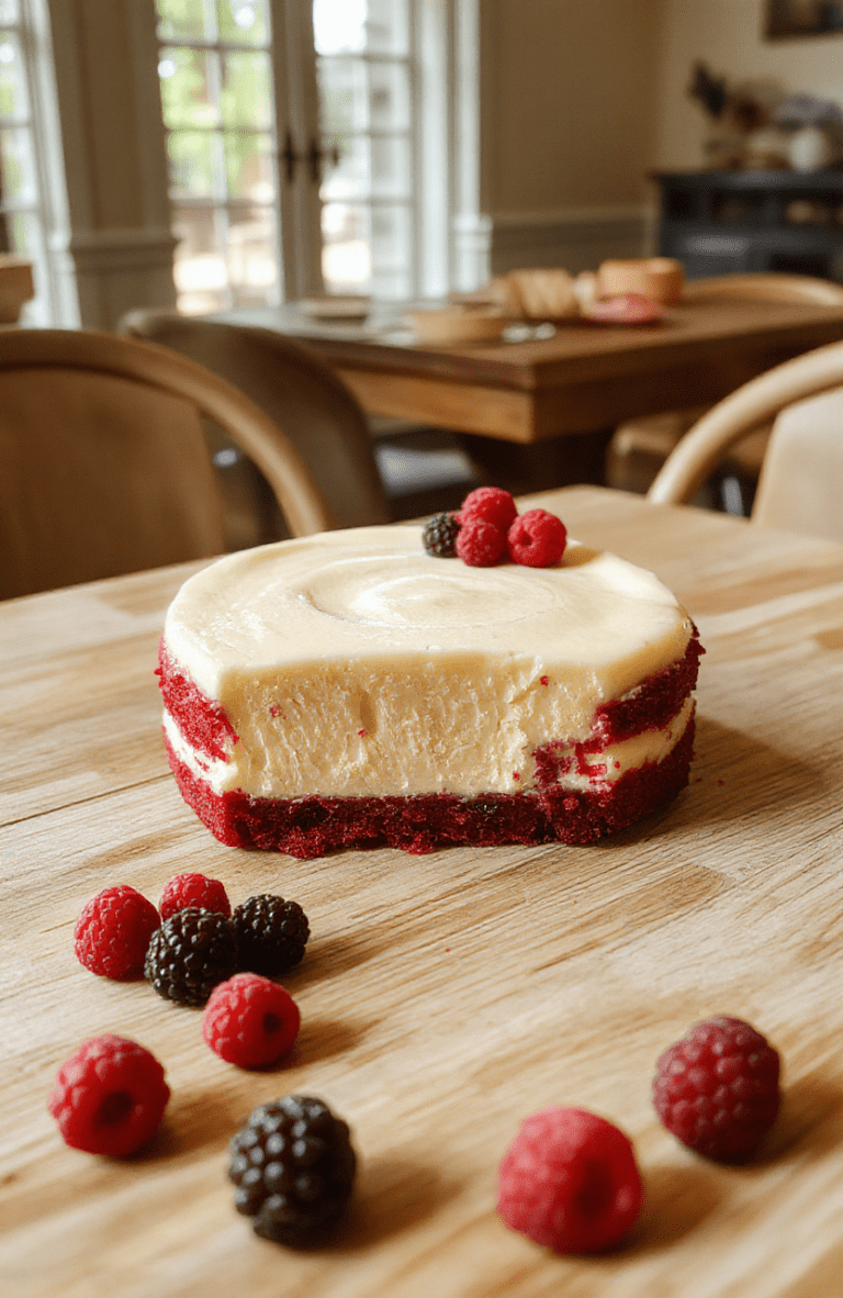 A glossy slice of Creamy Red Velvet Cheesecake on a white plate with a velvety red crumb and ivory filling, drizzled with berry sauce, garnished with fresh berries and a mint leaf; the full cheesecake sits on a rustic wooden board under warm light, inviting slices and a cozy dessert moment.