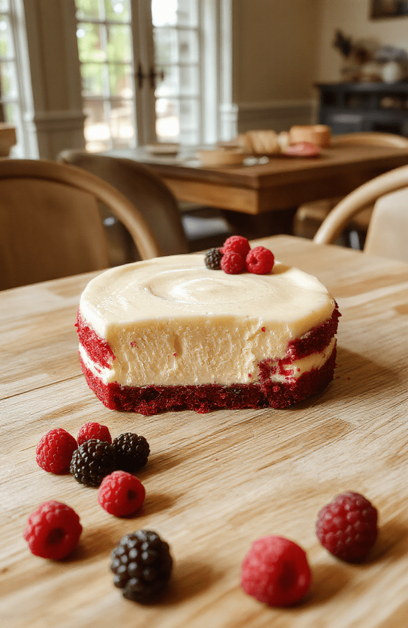 A glossy slice of Creamy Red Velvet Cheesecake on a white plate with a velvety red crumb and ivory filling, drizzled with berry sauce, garnished with fresh berries and a mint leaf; the full cheesecake sits on a rustic wooden board under warm light, inviting slices and a cozy dessert moment.