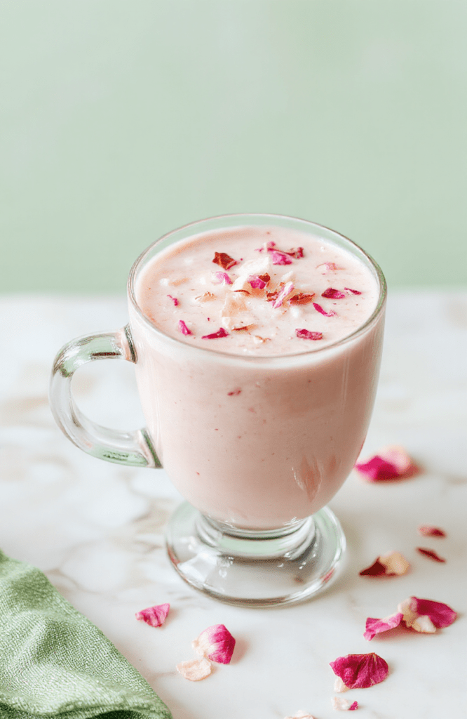 A creamy pink latte in a clear glass, topped with delicate sakura petals and a silky foam swirl, sits on a light marble tray with soft spring greens and pastel background, the scene styled simply for a fresh, feminine aesthetic.