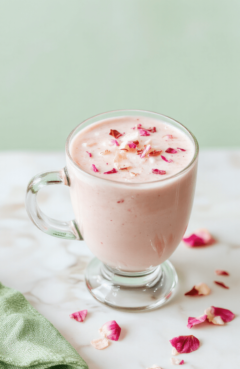 A creamy pink latte in a clear glass, topped with delicate sakura petals and a silky foam swirl, sits on a light marble tray with soft spring greens and pastel background, the scene styled simply for a fresh, feminine aesthetic.