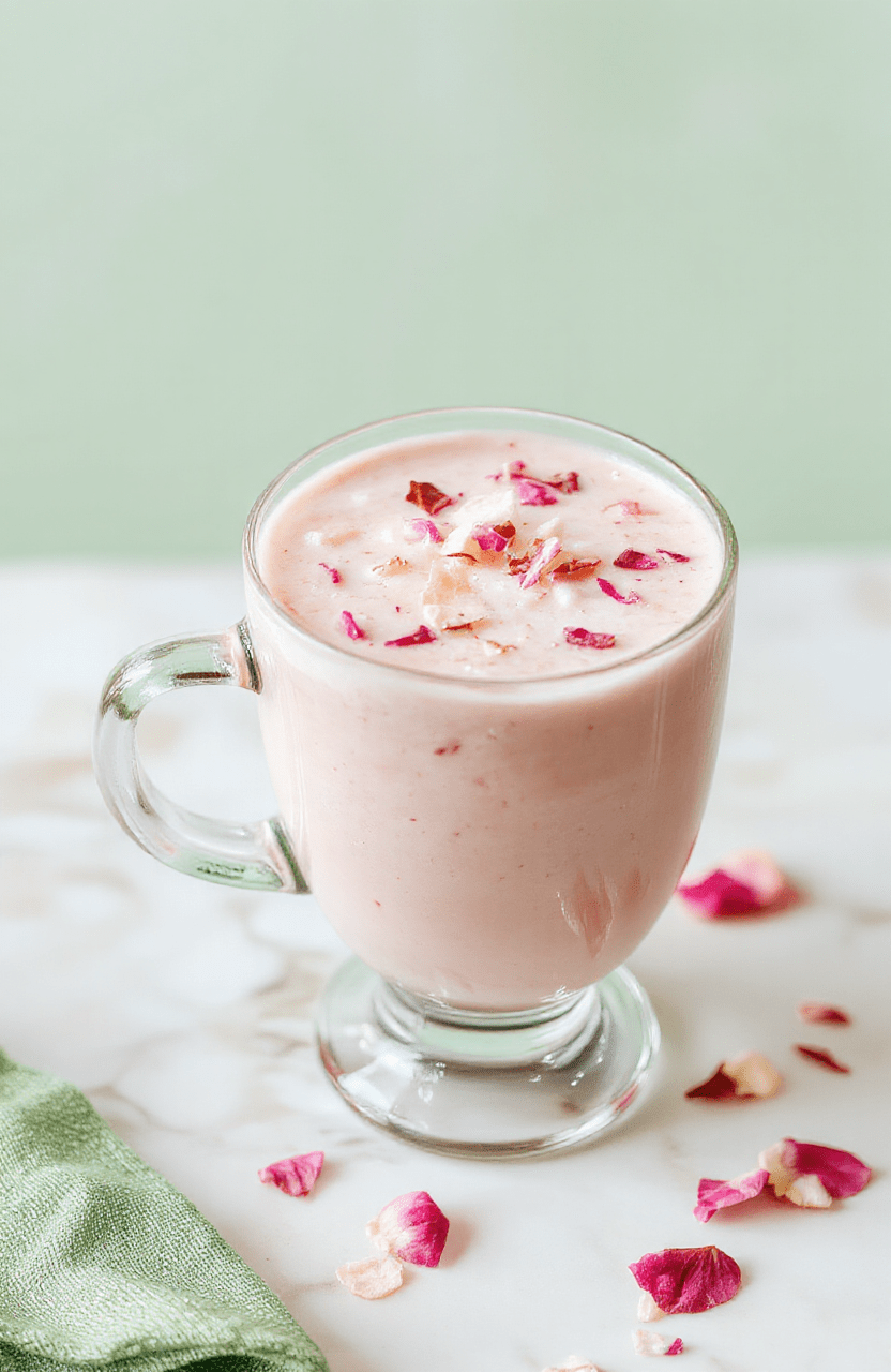 A creamy pink latte in a clear glass, topped with delicate sakura petals and a silky foam swirl, sits on a light marble tray with soft spring greens and pastel background, the scene styled simply for a fresh, feminine aesthetic.