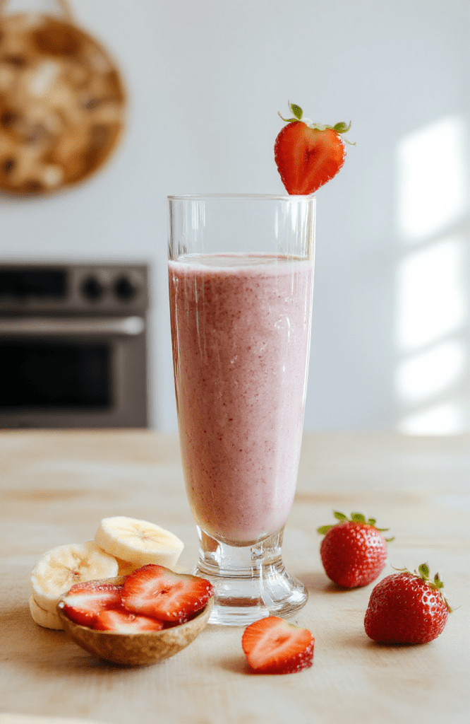 A tall glass of creamy pink strawberry banana smoothie sits on a light wooden table, garnished with a slice of strawberry and a banana wheel. Creamy texture visible, with a few strawberry pieces and a mint leaf. Soft natural light highlights the glass with a blurred bowl of fruit in the background.