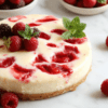 Close-up of creamy strawberry swirl cheesecake with a buttery graham crust, swirled pink ribbon through the pale filling, plated slice with fresh strawberry halves and mint on a white plate, dusted with powdered sugar, on a light marble surface.