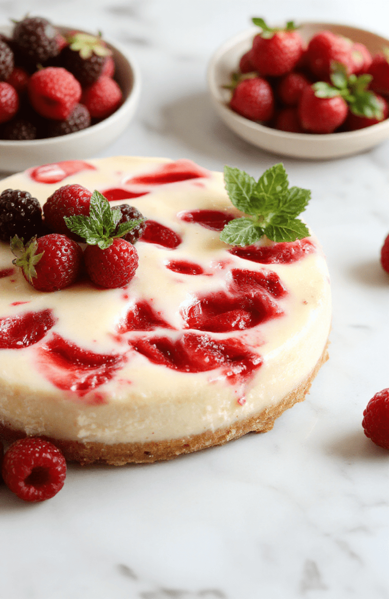 Close-up of creamy strawberry swirl cheesecake with a buttery graham crust, swirled pink ribbon through the pale filling, plated slice with fresh strawberry halves and mint on a white plate, dusted with powdered sugar, on a light marble surface.